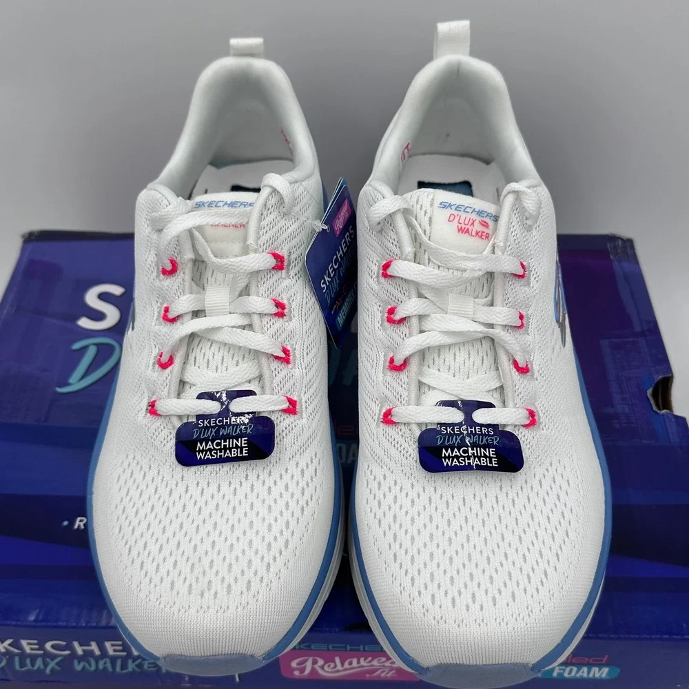 Skechers D'Lux Walker Sneakers Womens 9.5 White Blue Infinite Motion 149368 NEW
